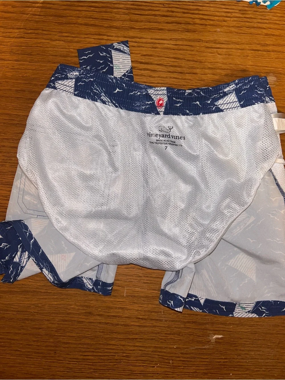 Vineyard Vines Navy Sailboat Print Swim Shorts with White Drawstring